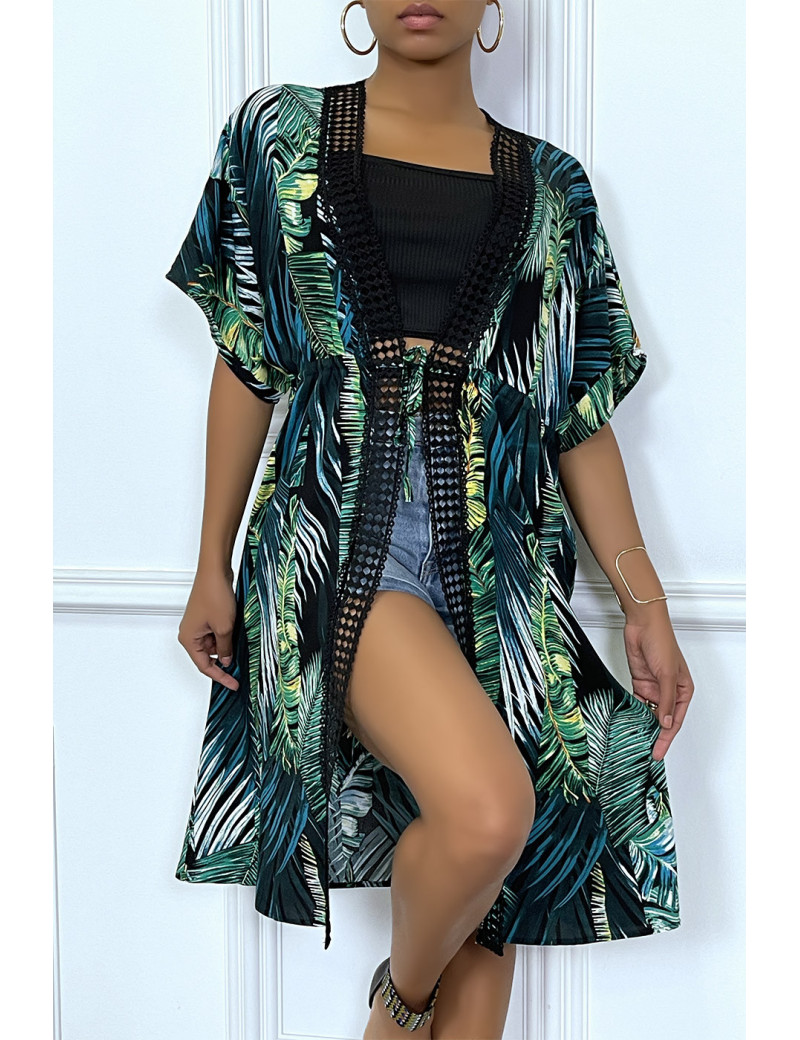 Kimono mi-long vert à bordures dentelle et motif palmier - 7