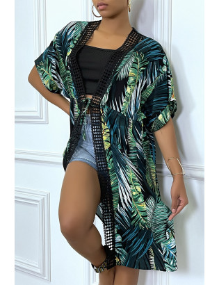 Kimono mi-long vert à bordures dentelle et motif palmier - 8