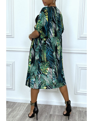 Kimono mi-long vert à bordures dentelle et motif palmier - 12