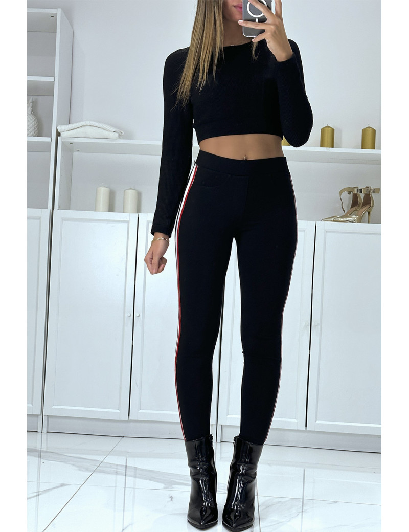 Pantalon slim noir à fausses poches et bandes sur les côtés - 1