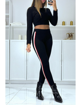 Pantalon slim noir à fausses poches et bandes sur les côtés - 3
