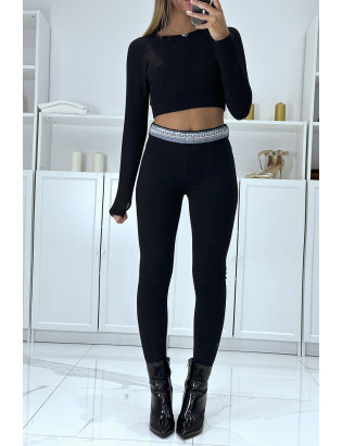 Pantalon slim noir à fausses poches et perles à la taille - 1