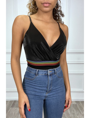 Body noir brillant cache coeur à bande multicolores - 1
