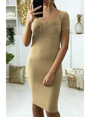 Robe Beige moulante avec écriture et ailes strass "ANGEL" - 1