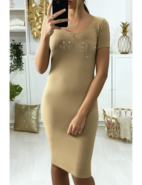 Robe Beige moulante avec écriture et ailes strass "ANGEL" - 1