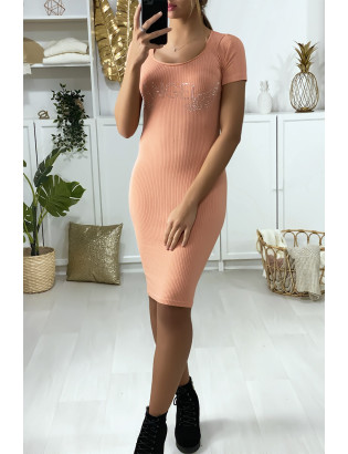 Robe Rose moulante avec écriture et ailes strass "ANGEL" - 1