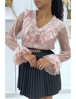 Blouse volantée en dentelle rose - 1