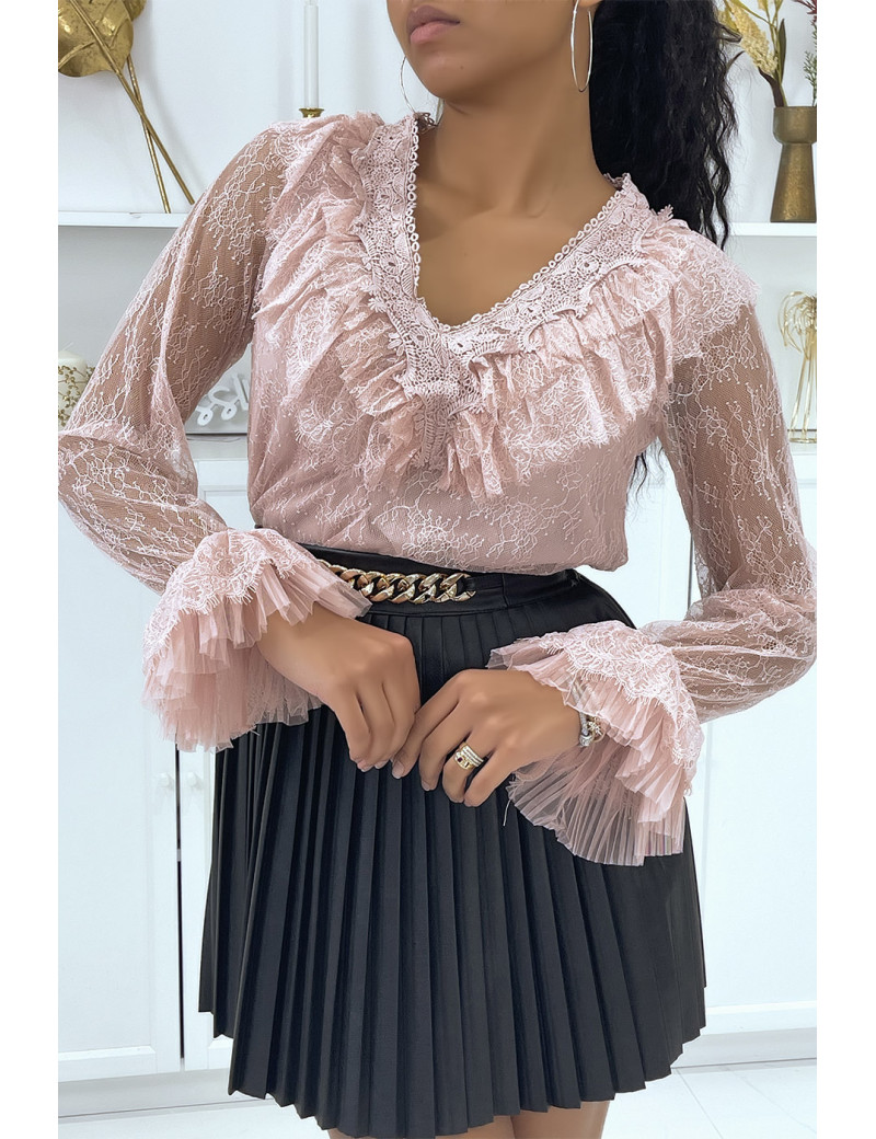 Blouse volantée en dentelle rose - 1