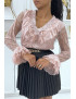 Blouse volantée en dentelle rose - 1