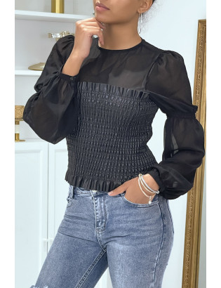 Haut bi-matière tulle et simili cuir noir - 3