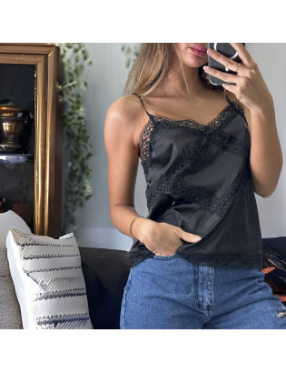 Débardeur noir satiné avec dentelle - 1