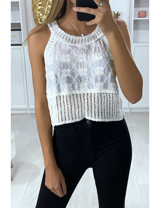 Débardeur blanc en coton avec de la broderie et de la dentelle - 3