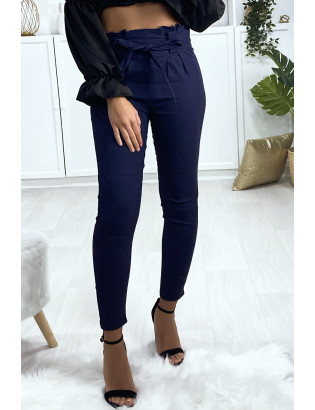 Pantalon cigarette marine avec ceinture et plis - 2