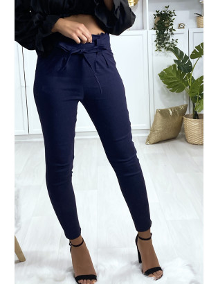 Pantalon cigarette marine avec ceinture et plis - 3