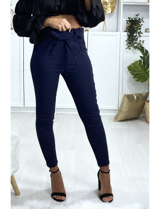 Pantalon cigarette marine avec ceinture et plis - 4