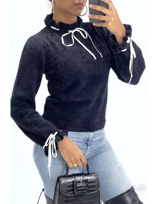 Pull duveteux noir à col montant volanté et lacet - 6