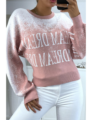 Pull rose dégradé blanc en matière stretch effet bouffant à inscription. - 2