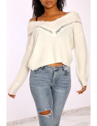 Pull col V en dentelle blanc à manches tombantes - 1