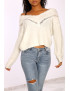 Pull col V en dentelle blanc à manches tombantes - 1