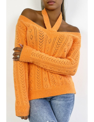 Pull orange vitaminé tout doux à épaules dénudée et détails ajourés pointelle. - 4