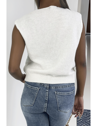 Pull blanc sans manche en col V avec joli motif tressé - 2