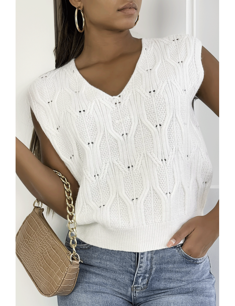 Pull blanc sans manche en col V avec joli motif tressé - 4