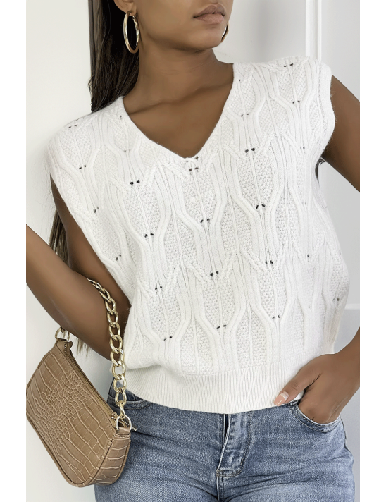 Pull blanc sans manche en col V avec joli motif tressé - 4