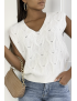 Pull blanc sans manche en col V avec joli motif tressé - 4