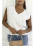 Pull blanc sans manche en col V avec joli motif tressé - 5