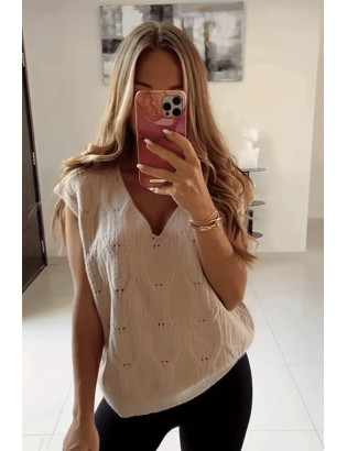 Pull camel sans manche en col V avec joli motif tressé - 6