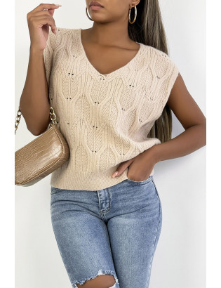 Pull camel sans manche en col V avec joli motif tressé - 8