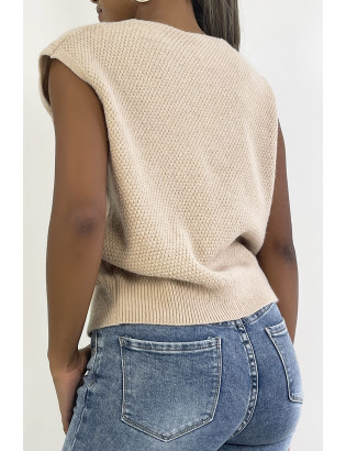 Pull camel sans manche en col V avec joli motif tressé - 10