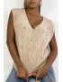 Pull camel sans manche en col V avec joli motif tressé - 12