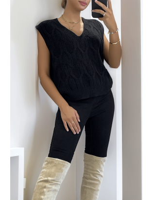 Pull noir sans manche en col V avec joli motif tressé - 2