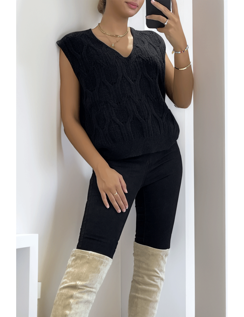 Pull noir sans manche en col V avec joli motif tressé - 2