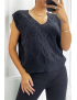 Pull noir sans manche en col V avec joli motif tressé - 3