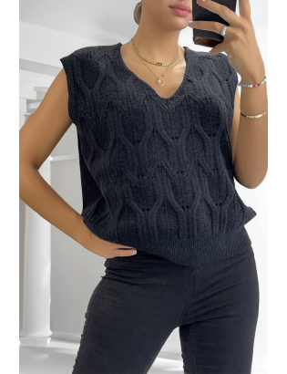 Pull noir sans manche en col V avec joli motif tressé - 4