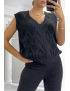 Pull noir sans manche en col V avec joli motif tressé - 4