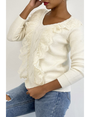 Pull  col V très chic beige à volants - 2
