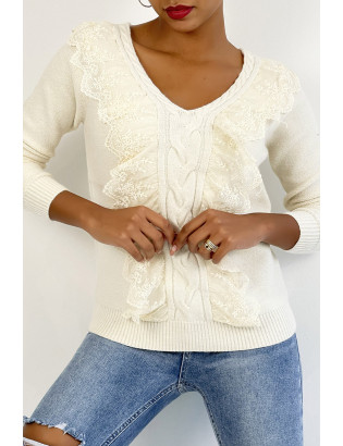 Pull  col V très chic beige à volants - 3