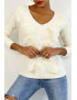 Pull  col V très chic beige à volants - 3
