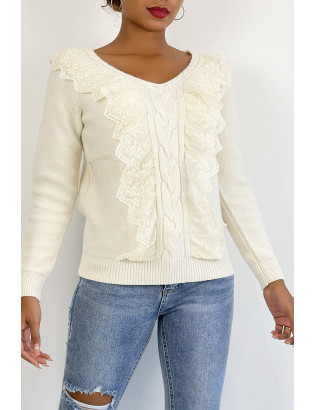Pull  col V très chic beige à volants - 4