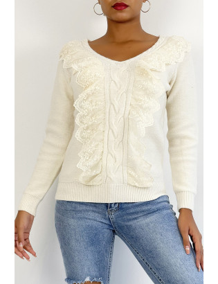 Pull  col V très chic beige à volants - 5