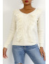Pull  col V très chic beige à volants - 5