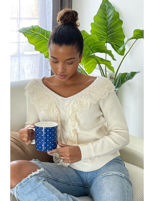 Pull  col V très chic beige à volants - 6