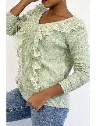 Pull  col V très chic vert pomme à volants - 2
