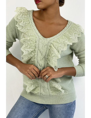 Pull  col V très chic vert pomme à volants - 3