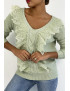 Pull  col V très chic vert pomme à volants - 3