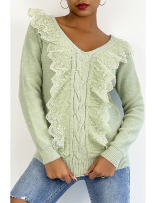Pull  col V très chic vert pomme à volants - 4