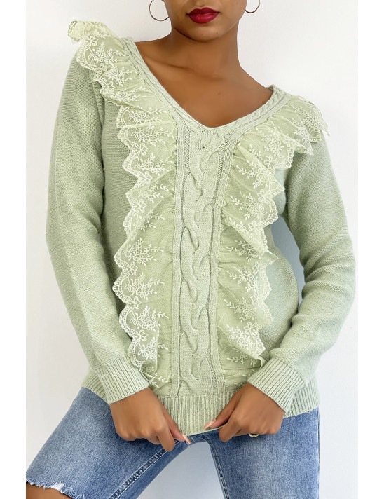 Pull  col V très chic vert pomme à volants - 4